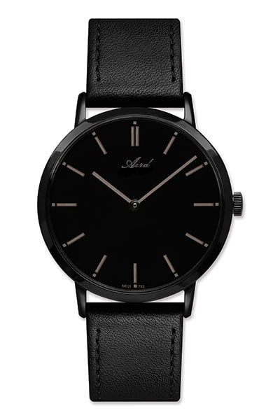 Montre Aird pour homme en acier Mouvement suisse Eta au quartz Verre saphir cadran noir étanche 3 Atm bracelet de cuir