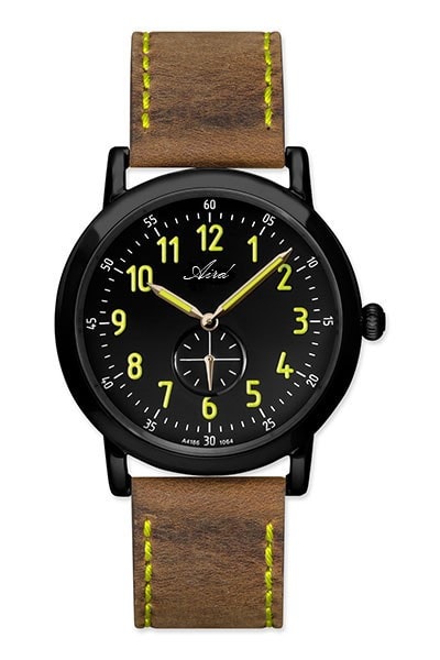 Aird Men's Steel Watch Swiss ETA Movement Sapphire Glass Leather Strap Black Plated Case Waterproof 5 ATM Diameter 40mm
