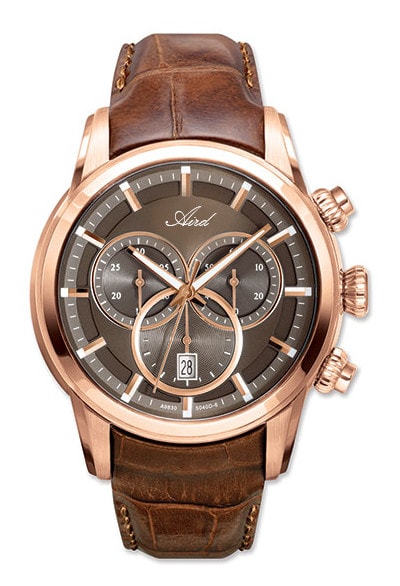 Montre Aird pour Homme en Acier Mouvement Suisse Chronographe ETA Verre Saphir Bracelet Cuir brun Boitier Acier Étanche 10 ATM Diamètre 43mm