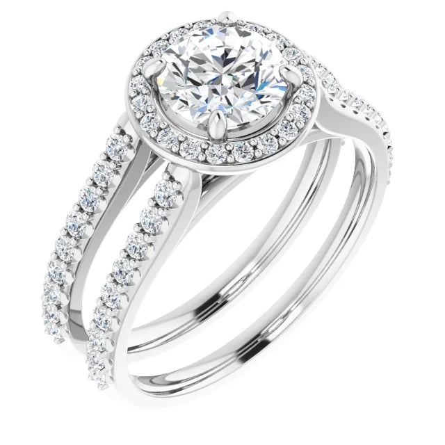 Ensemble bague de fiançailles halo (diamant 1,00 ct) et jonc de mariage encastrable en or blanc 14k à diamants de laboratoire (IGI) Le jonc de mariage assorti est vendu séparément.