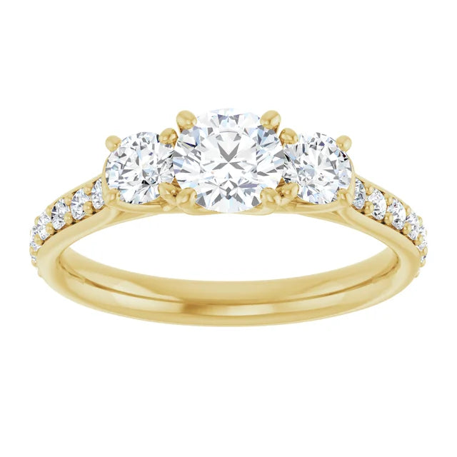 Bague de fiançailles Trinité (3 pierres) et pavé en or blanc 14k avec diamant central rond de 0,50 ct (GIA), 2 diamants latéraux et 16 diamants d'entourage