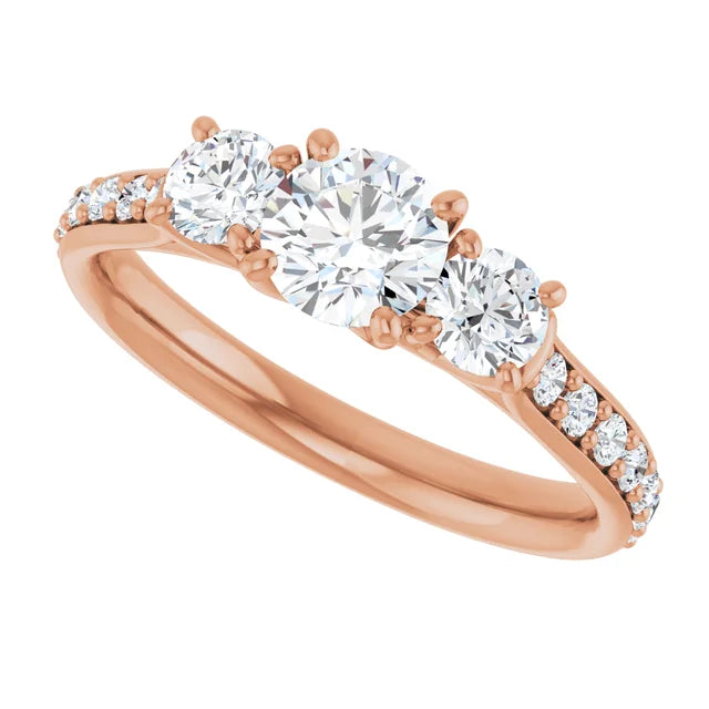 Bague de fiançailles Trinité (3 pierres) et pavé en or blanc 14k avec diamant central rond de 0,50 ct (GIA), 2 diamants latéraux et 16 diamants d'entourage