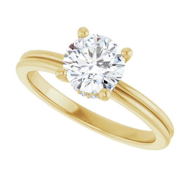 Bague d'engagement solitaire à 4 griffes et halo caché en or jaune 14k avec diamant de laboratoire rond 1,00 ct