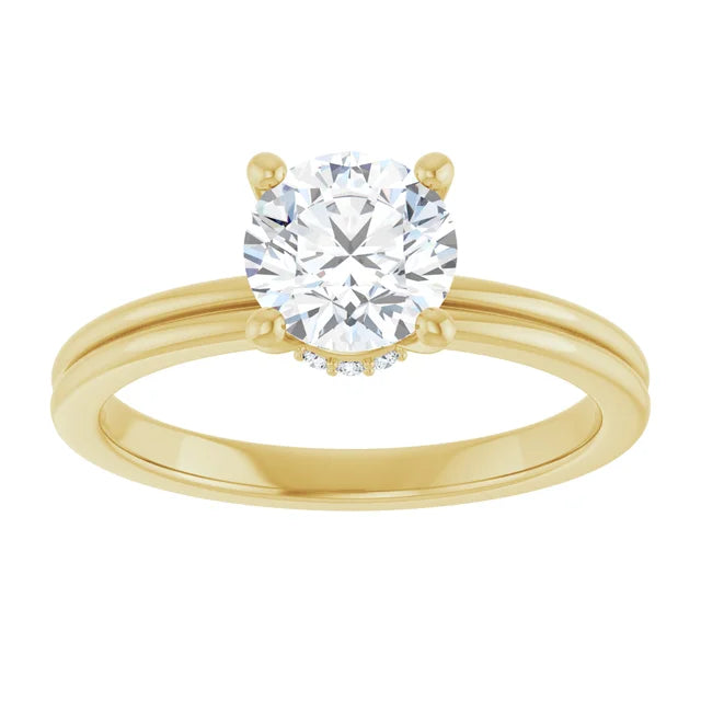 Bague d'engagement solitaire à 4 griffes et halo caché en or jaune 14k avec diamant de laboratoire rond 1,00 ct