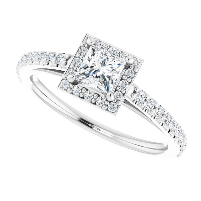 Bague d'engagement halo en or blanc 14k avec diamant naturel princesse 0,35 ct et anneau pavé