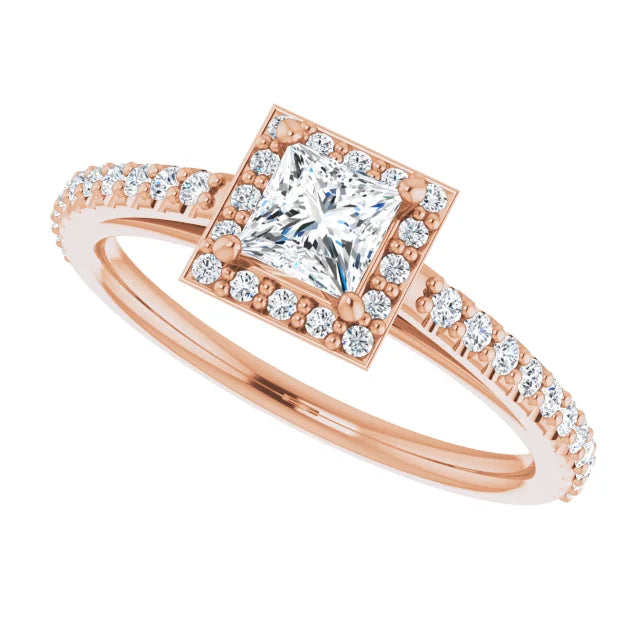 Bague d'engagement halo en or blanc 14k avec diamant naturel princesse 0,35 ct et anneau pavé