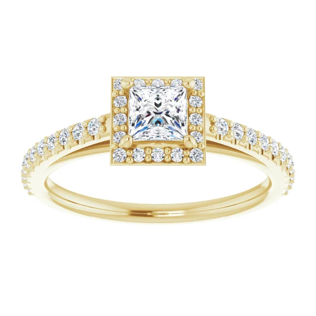 Bague d'engagement halo en or blanc 14k avec diamant naturel princesse 0,35 ct et anneau pavé
