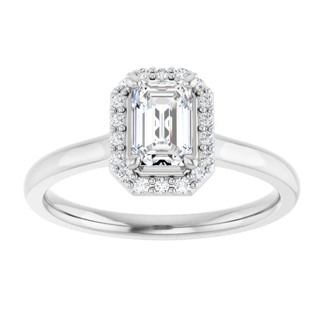 Bague d'engagement halo en or jaune 14k avec diamant naturel taille émeraude 0,60 ct et diamants d'accentuation