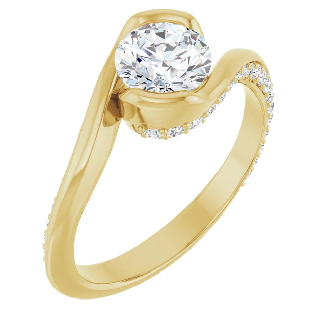 Bague de fiançailles solitaire et pavé asymétrique en or jaune 14k avec diamant de laboratoire rond de 1,00 ct (VVS1, E, IGI) et 34 diamants d'entourage