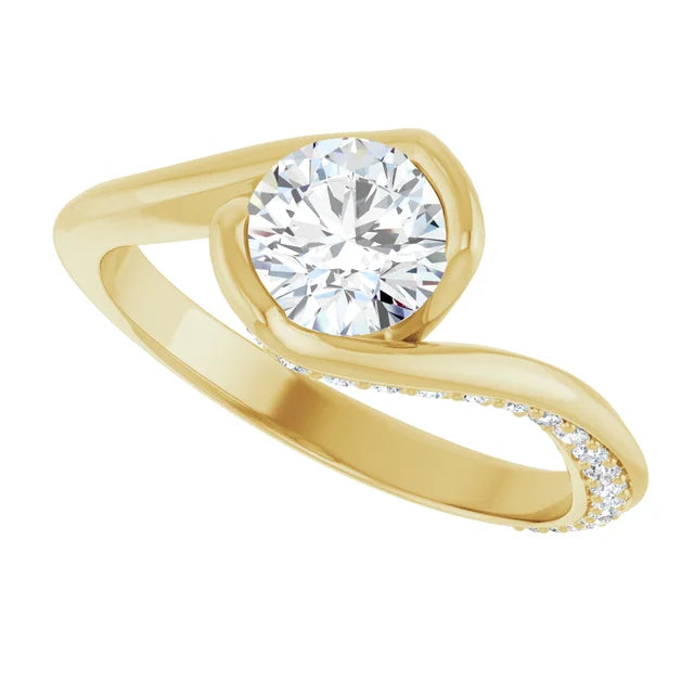 Bague de fiançailles solitaire et pavé asymétrique en or jaune 14k avec diamant de laboratoire rond de 1,00 ct (VVS1, E, IGI) et 34 diamants d'entourage