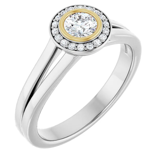 Diamond Halo Engagement Ring in White and Yellow Gold