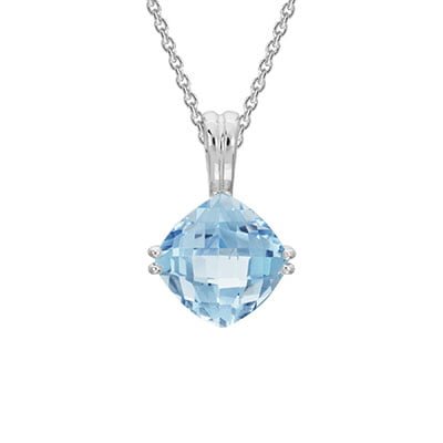 14 Karat white gold pendant set with an 8mm square-cut Aquamarine 14 Karat white gold chain