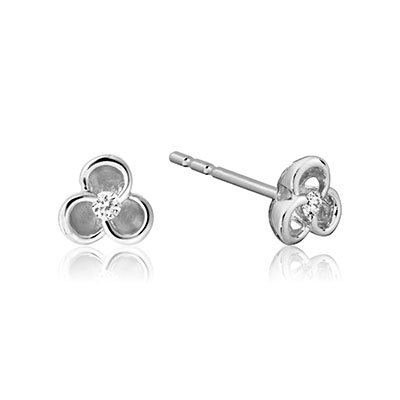 14 Karat white gold flower-shaped earrings set with 2 round-cut diamonds, total diamond weight 0.04 carat