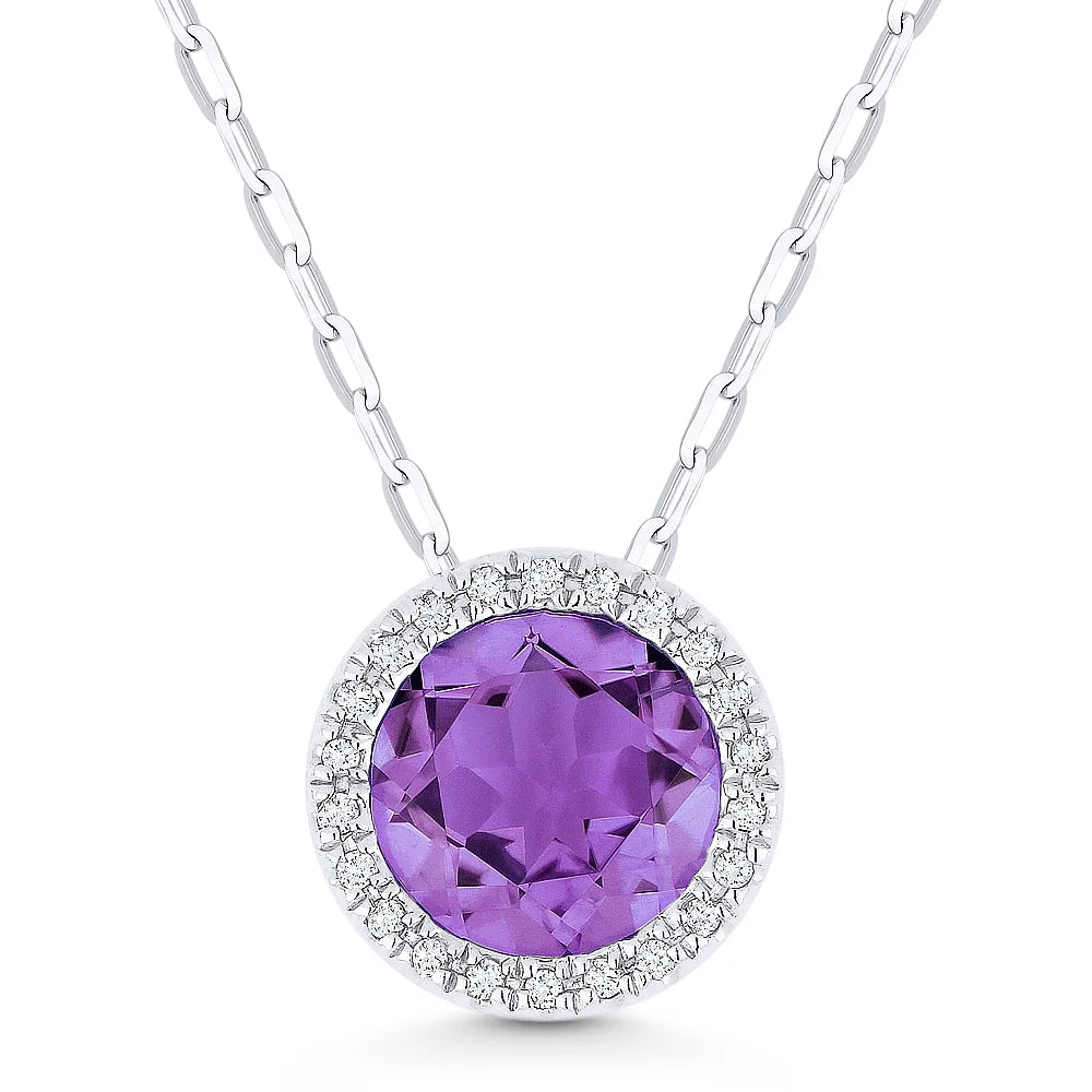 Pendentif rond halo en or blanc 14k serti d'un péridot laboratoire et de diamants