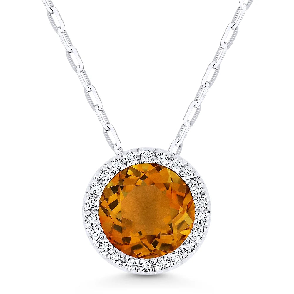 Pendentif rond halo en or blanc 14k serti d'un péridot laboratoire et de diamants