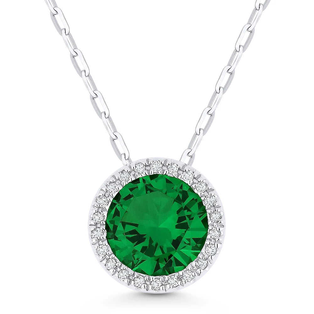 Pendentif rond halo en or blanc 14k serti d'un péridot laboratoire et de diamants