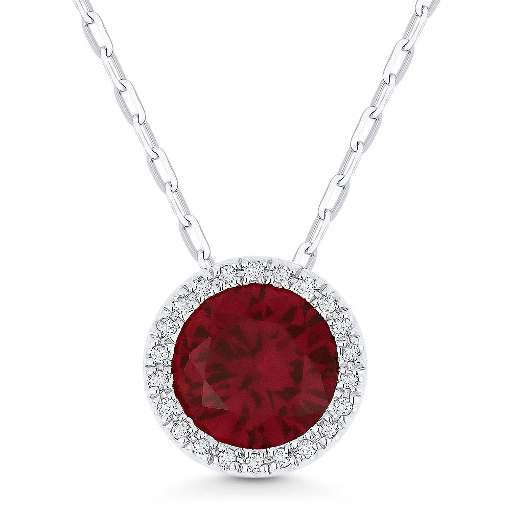 Pendentif rond halo en or blanc 14k serti d'un péridot laboratoire et de diamants