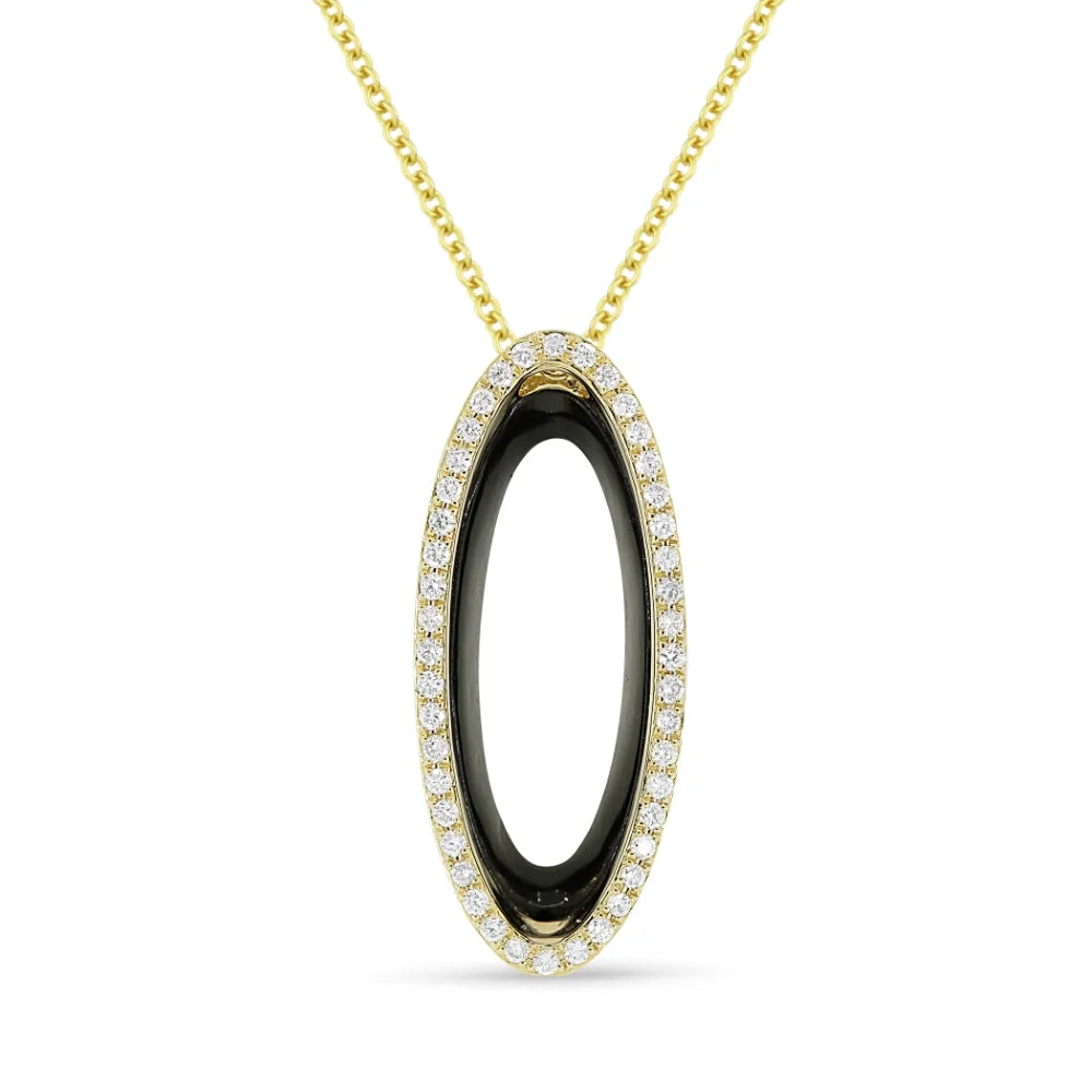 Collier pendentif ovale évidé en or jaune 14k serti de pierres fines et diamants