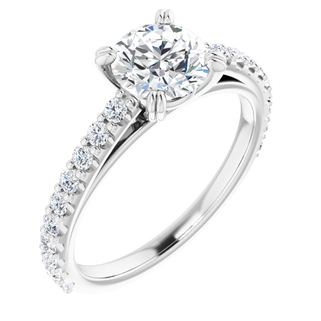 Bague De Fiançailles Diamant Coupe Ronde Pavé Or Blanc