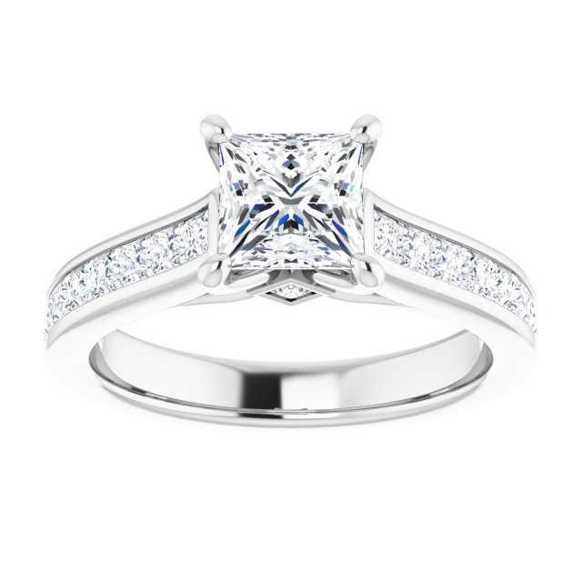 Bague De Fiançailles Diamant Coupe Princesse Pavé Or Blanc