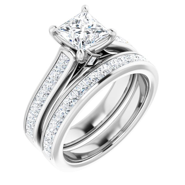 Bague De Fiançailles Diamant Coupe Princesse Pavé Or Blanc
