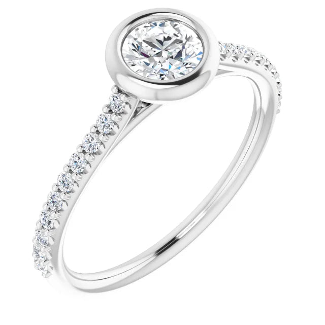 Bague d'engagement à serti clos en or blanc 14k avec diamant naturel rond 0,40 ct et anneau pavé
