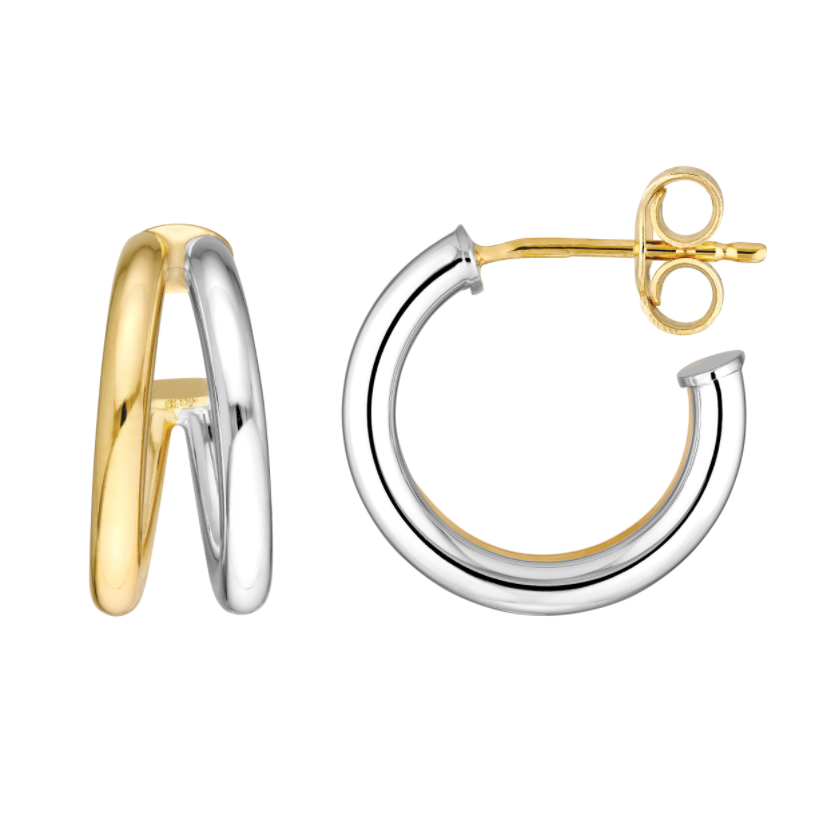 Demi-créoles doubles ouvertes 10 mm biton en or jaune et or blanc 14k