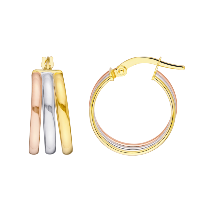 Créoles rondes triples 15 mm trois tons en or jaune, blanc et rose 14k