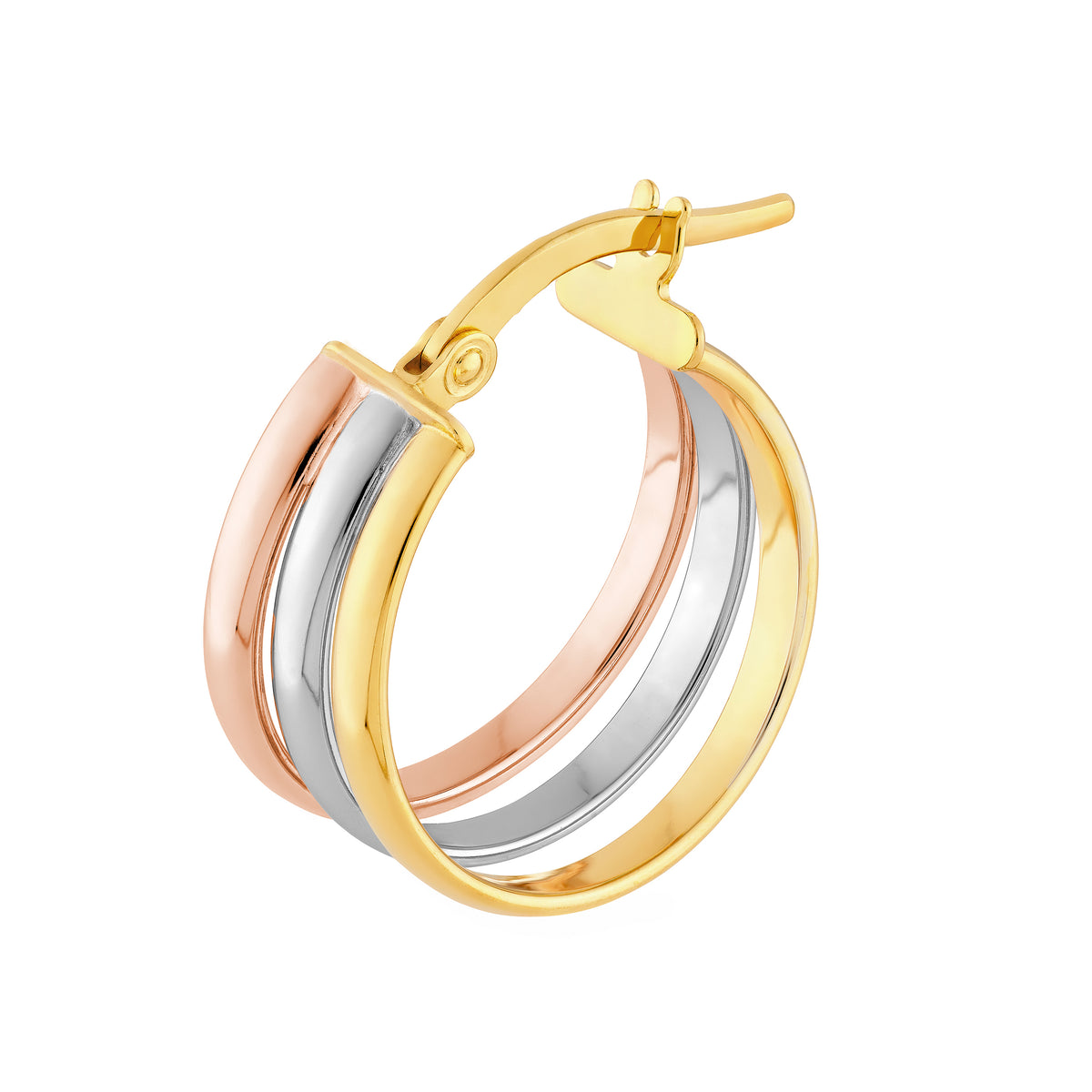 Créoles rondes triples 15 mm trois tons en or jaune, blanc et rose 14k