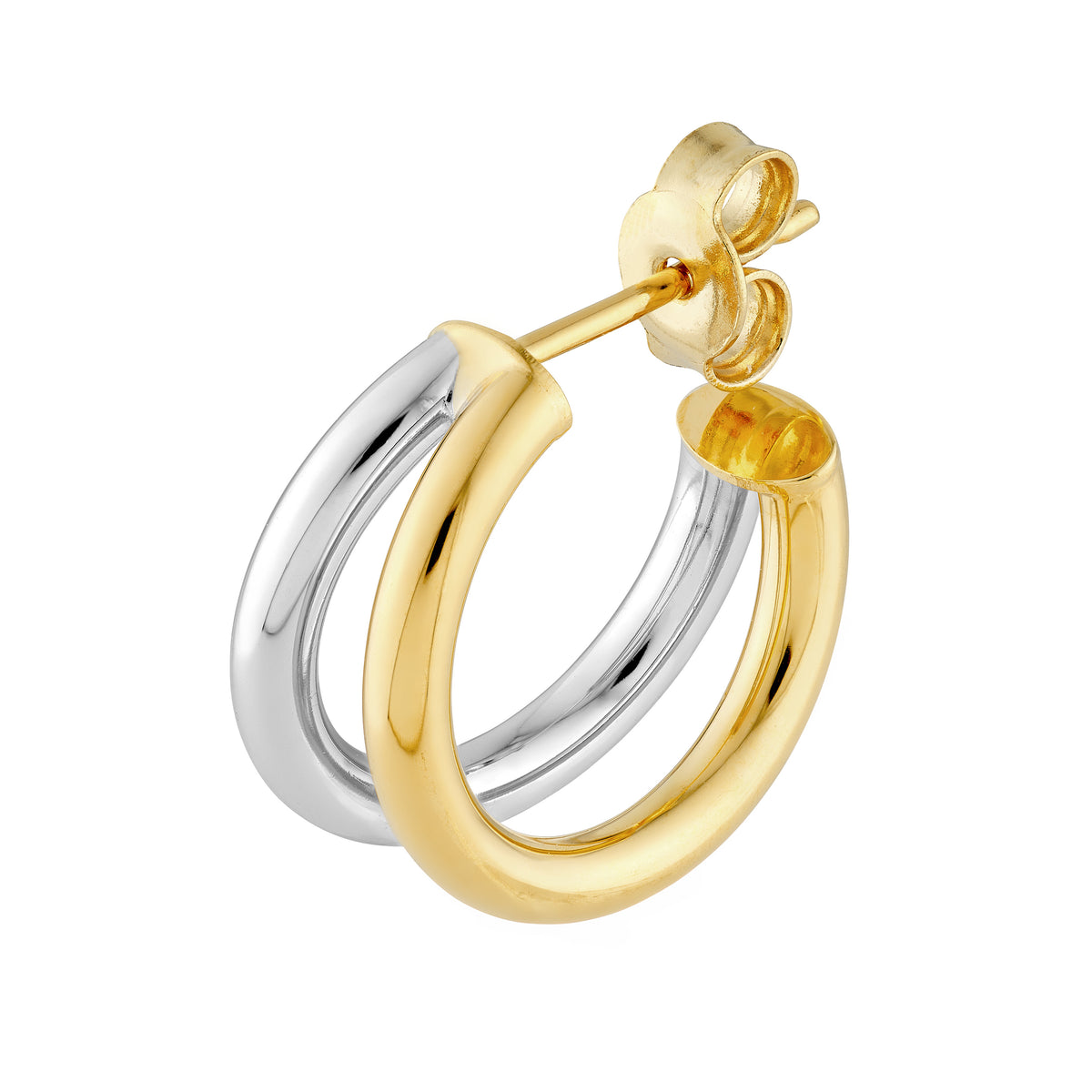 Demi-créoles doubles ouvertes 10 mm biton en or jaune et or blanc 14k