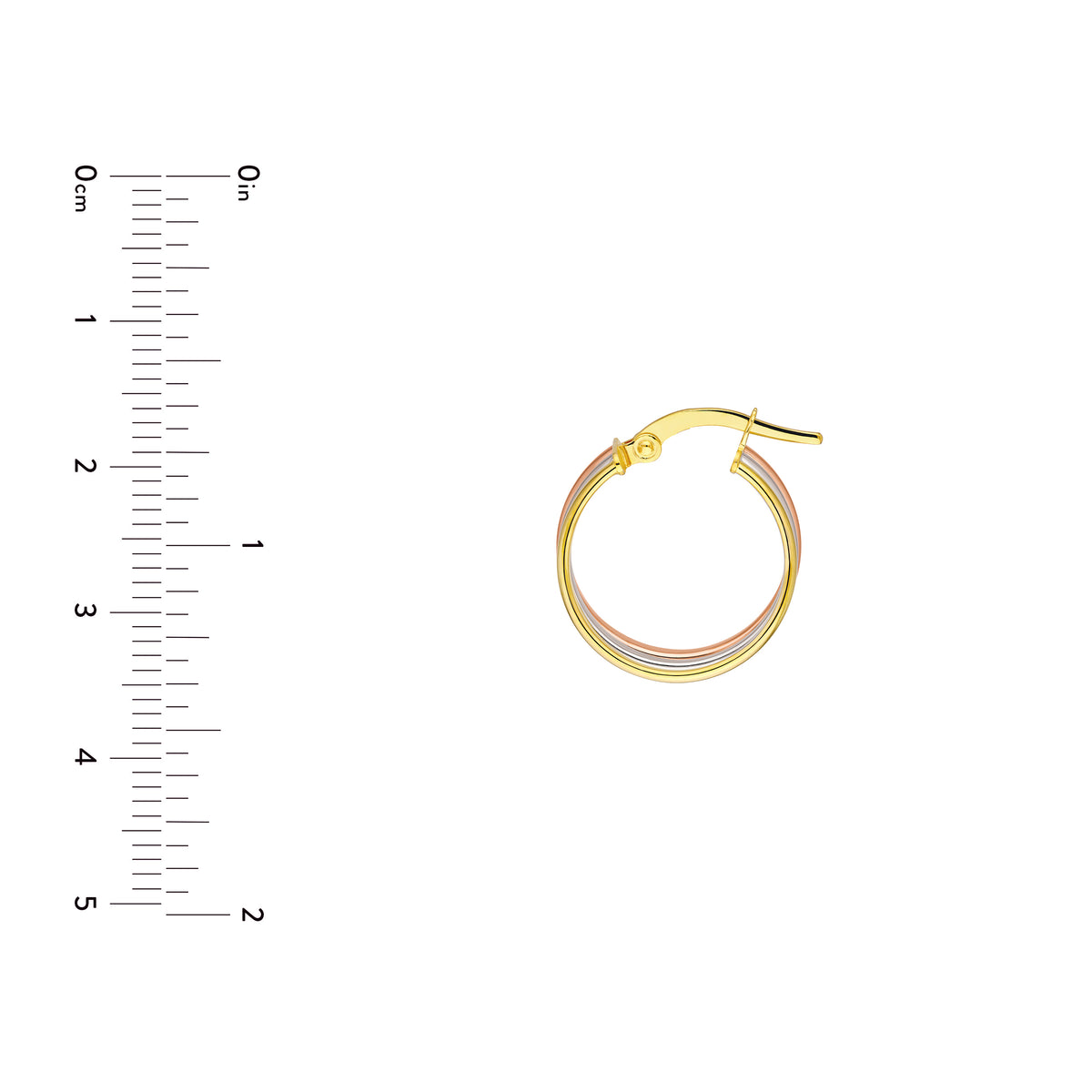 Créoles rondes triples 15 mm trois tons en or jaune, blanc et rose 14k