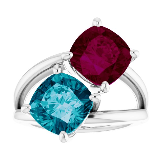 Ring Set with a Garnet and a Blue Topaz in White Gold