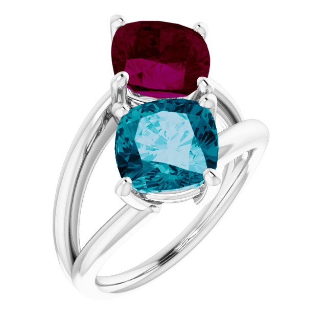 Ring Set with a Garnet and a Blue Topaz in White Gold