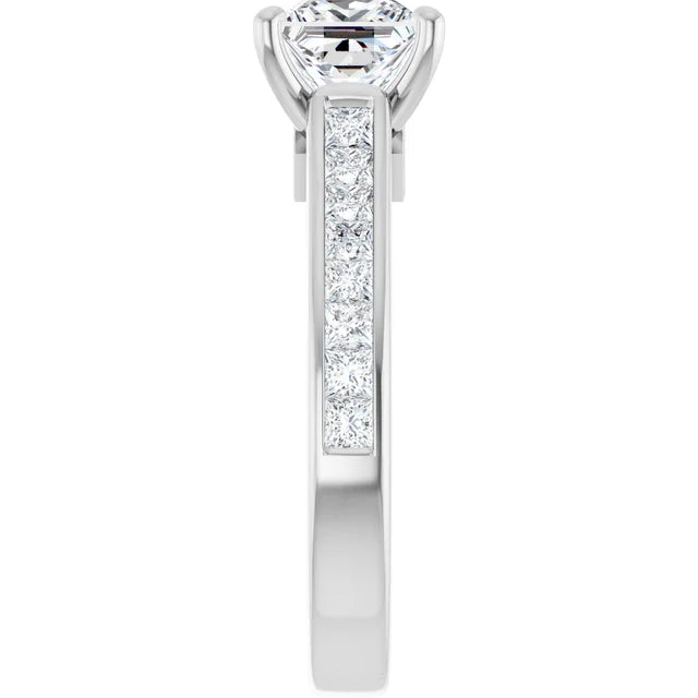 Bague de fiançailles solitaire et pavé en or blanc 14k avec diamant central taille princesse de 0,90 ct (GIA) et 18 diamants d'entourage