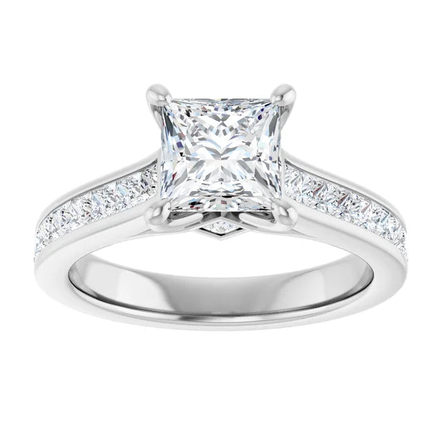 Bague de fiançailles solitaire et pavé en or blanc 14k avec diamant central taille princesse de 0,90 ct (GIA) et 18 diamants d'entourage