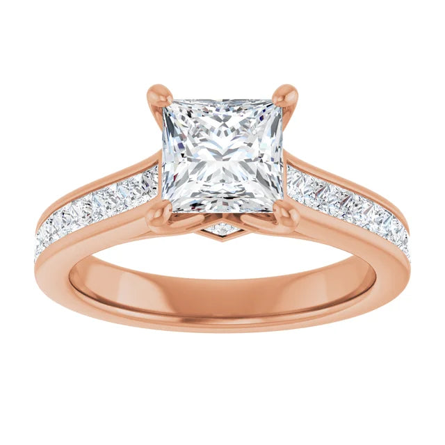 Bague de fiançailles solitaire et pavé en or blanc 14k avec diamant central taille princesse de 0,90 ct (GIA) et 18 diamants d'entourage