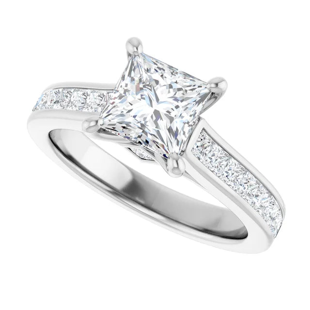 Bague de fiançailles solitaire et pavé en or blanc 14k avec diamant central taille princesse de 0,90 ct (GIA) et 18 diamants d'entourage
