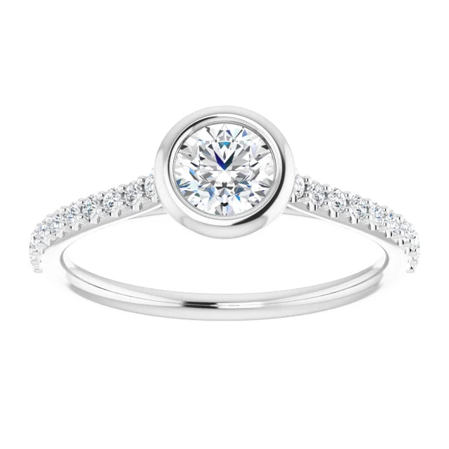 Bague d'engagement à serti clos en or blanc 14k avec diamant naturel rond 0,40 ct et anneau pavé