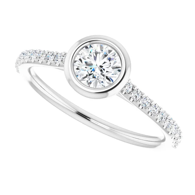 Bague d'engagement à serti clos en or blanc 14k avec diamant naturel rond 0,40 ct et anneau pavé