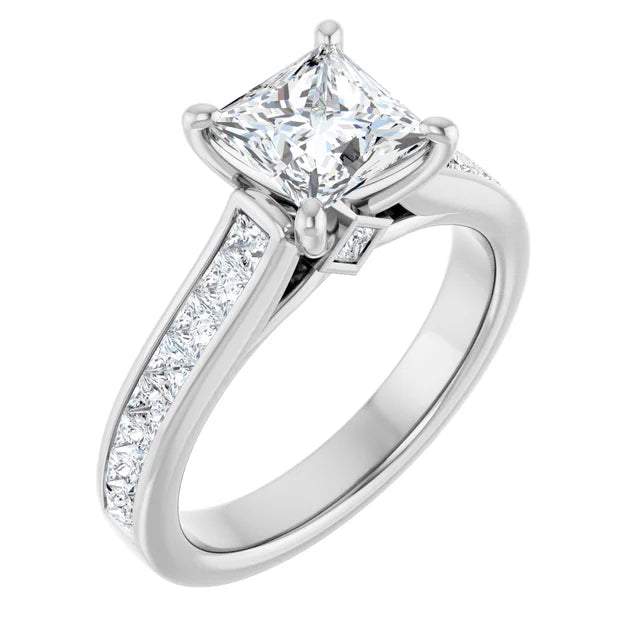 Bague de fiançailles solitaire et pavé en or blanc 14k avec diamant central taille princesse de 0,90 ct (GIA) et 18 diamants d'entourage