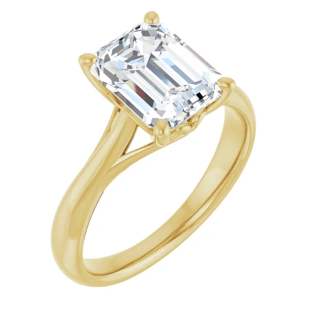 Bague d'engagement solitaire à 4 griffes en or jaune 14k avec diamant de laboratoire taille émeraude 2,00 ct