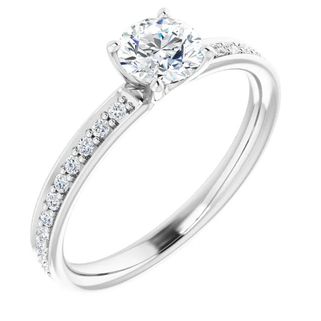 Bague de fiançailles solitaire et pavé en or blanc 14k avec diamant central rond de 0,54 ct (IGI) et 24 diamants d'entourage