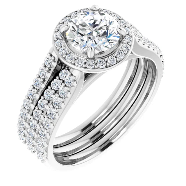 Ensemble bague de fiançailles halo (diamant 1,00 ct) et jonc de mariage encastrable en or blanc 14k à diamants de laboratoire (IGI) Le jonc de mariage assorti est vendu séparément.