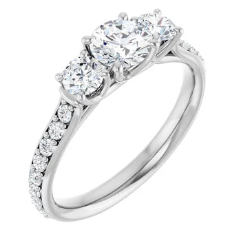 Bague de fiançailles Trinité (3 pierres) et pavé en or blanc 14k avec diamant central rond de 0,50 ct (GIA), 2 diamants latéraux et 16 diamants d'entourage