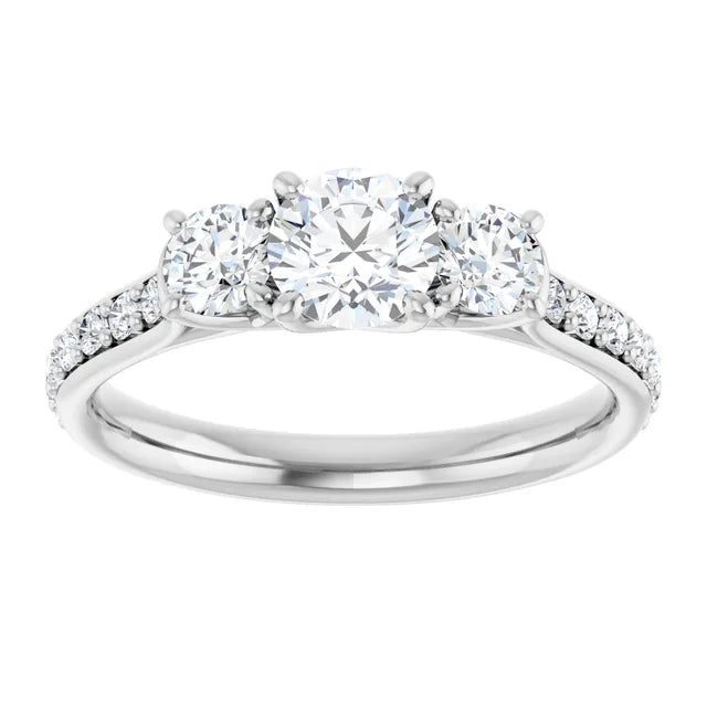 Bague de fiançailles Trinité (3 pierres) et pavé en or blanc 14k avec diamant central rond de 0,50 ct (GIA), 2 diamants latéraux et 16 diamants d'entourage