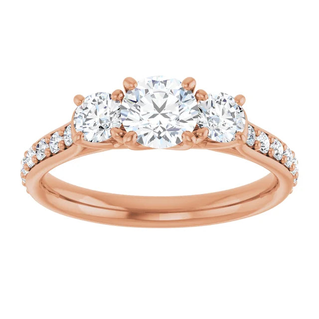 Bague de fiançailles Trinité (3 pierres) et pavé en or blanc 14k avec diamant central rond de 0,50 ct (GIA), 2 diamants latéraux et 16 diamants d'entourage
