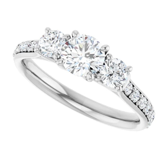 Bague de fiançailles Trinité (3 pierres) et pavé en or blanc 14k avec diamant central rond de 0,50 ct (GIA), 2 diamants latéraux et 16 diamants d'entourage