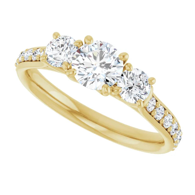 Bague de fiançailles Trinité (3 pierres) et pavé en or blanc 14k avec diamant central rond de 0,50 ct (GIA), 2 diamants latéraux et 16 diamants d'entourage