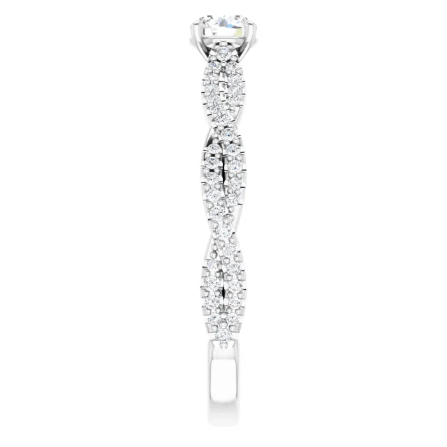 Bague de fiançailles solitaire et pavé entrelacé en or blanc 14k avec diamant central rond de 0,30 ct (GIA) et 64 diamants d'entourage