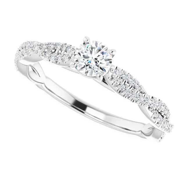 Bague de fiançailles solitaire et pavé entrelacé en or blanc 14k avec diamant central rond de 0,30 ct (GIA) et 64 diamants d'entourage